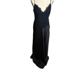 Black Satin Lace Slip Maxi Dress Spaghetti Strap Lingerie Style- Size Large